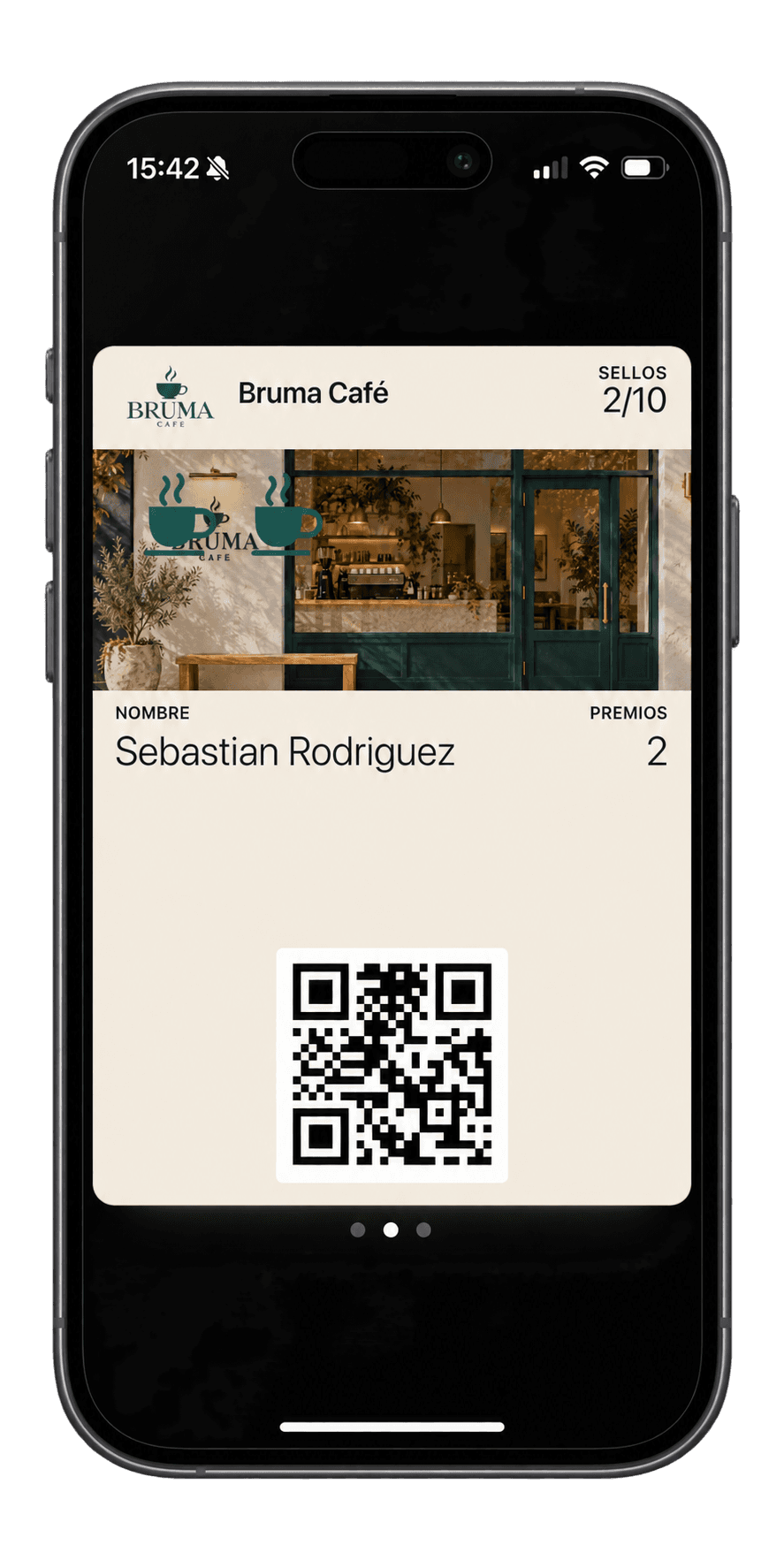 Tarjeta de ejemplo de Bruma Café en Apple Wallet, con 2 de 10 sellos y 2 premios.