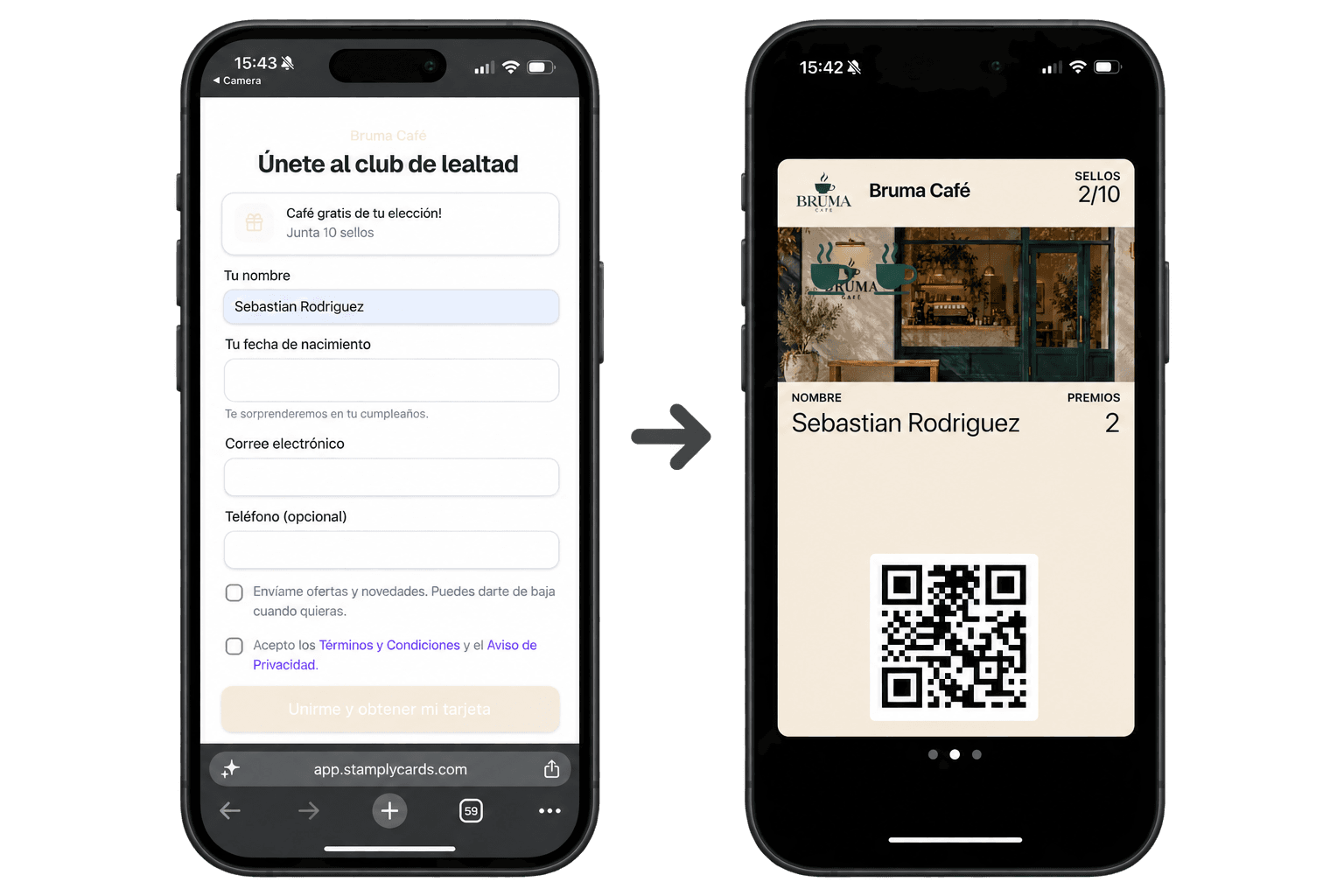 Formulario de inscripción de Bruma Café junto a su tarjeta guardada en Apple Wallet.